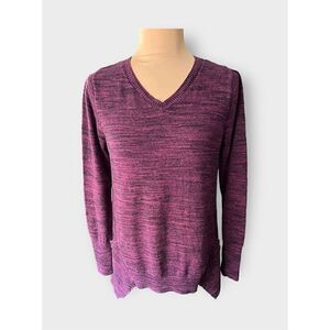 Logo Lori Goldstein Women's Size S V-Neck Longline Sweater Maroon Black Marl